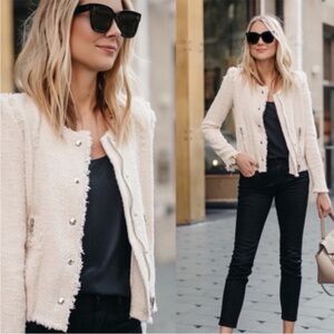 IRO Agnette Cream Textured Tweed Distressed Jacket Silver Buttons Size 1 2 XS S